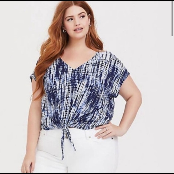 Torrid Blue and White Tie-dye Tie Hem Top